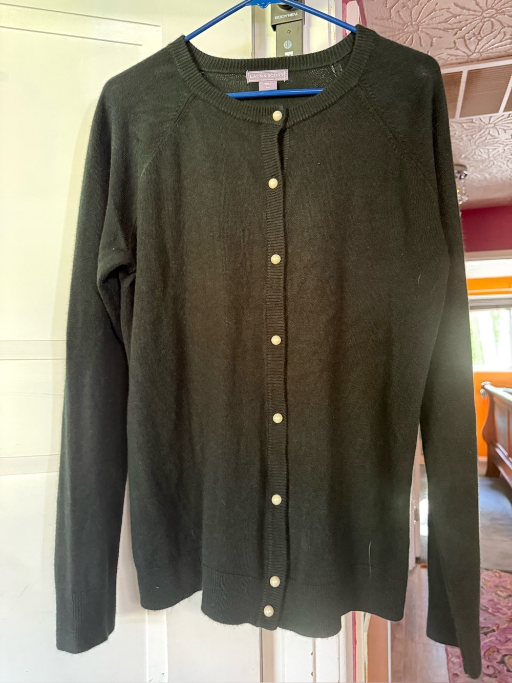 Laura Scott Black Crewneck Cardigan with Pearl Buttons. Brand new